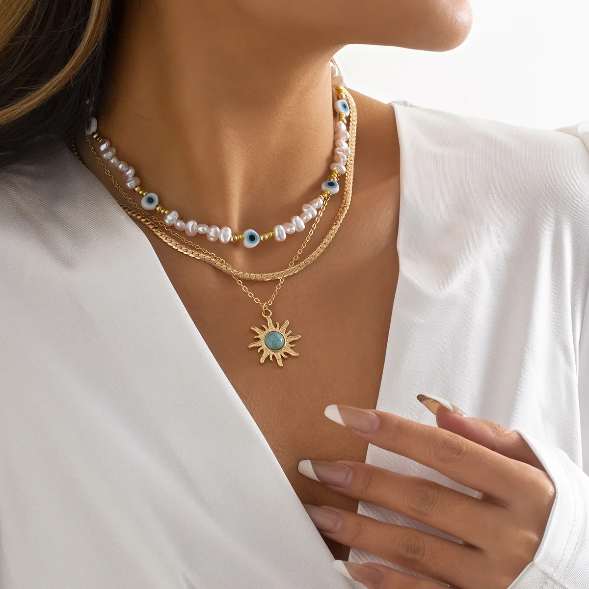 

Boho Chic Octagram Pendant Necklace | Vintage Evil Eye Charm with Pearl Accents | Layered Statement Jewelry for Women