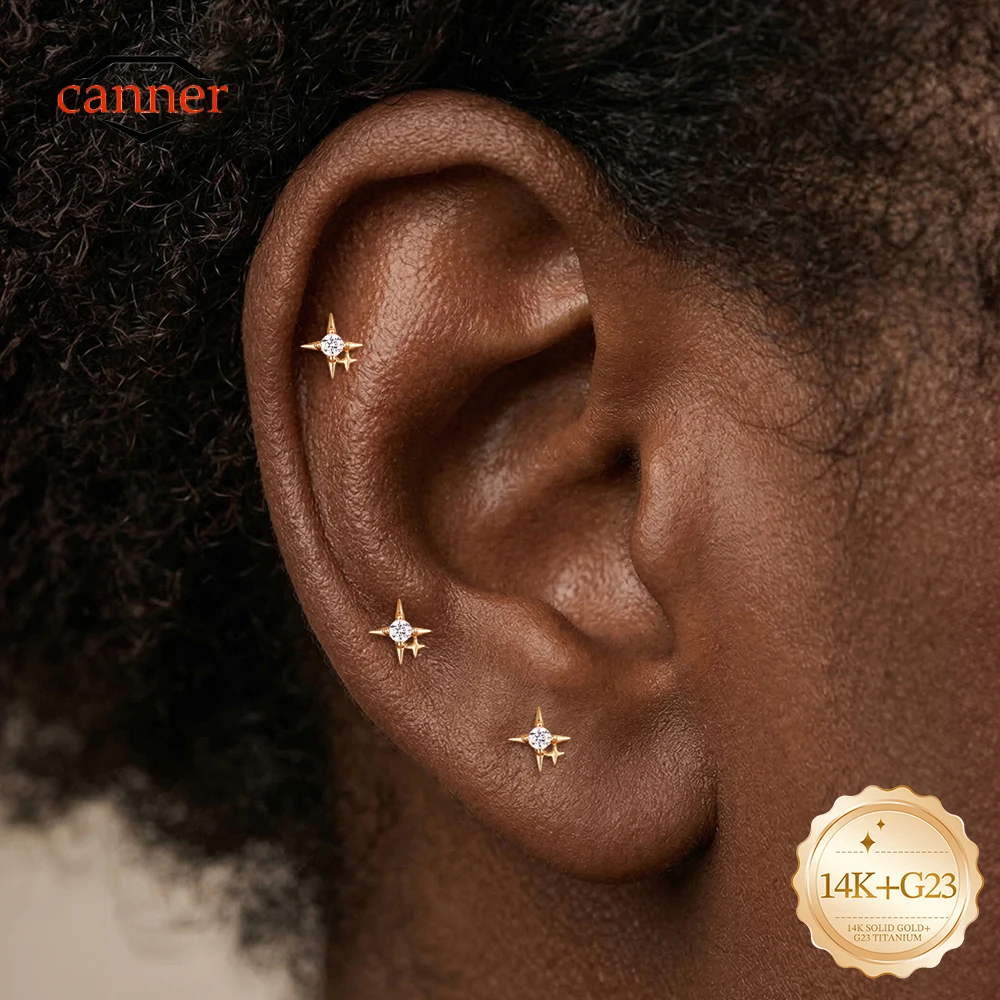 CANNER 1PC 14K Solid Gold Double Four Star Round CZ Internally Threaded Piercing Stud Earring Women Cartilage Fine Jewelry Gift
