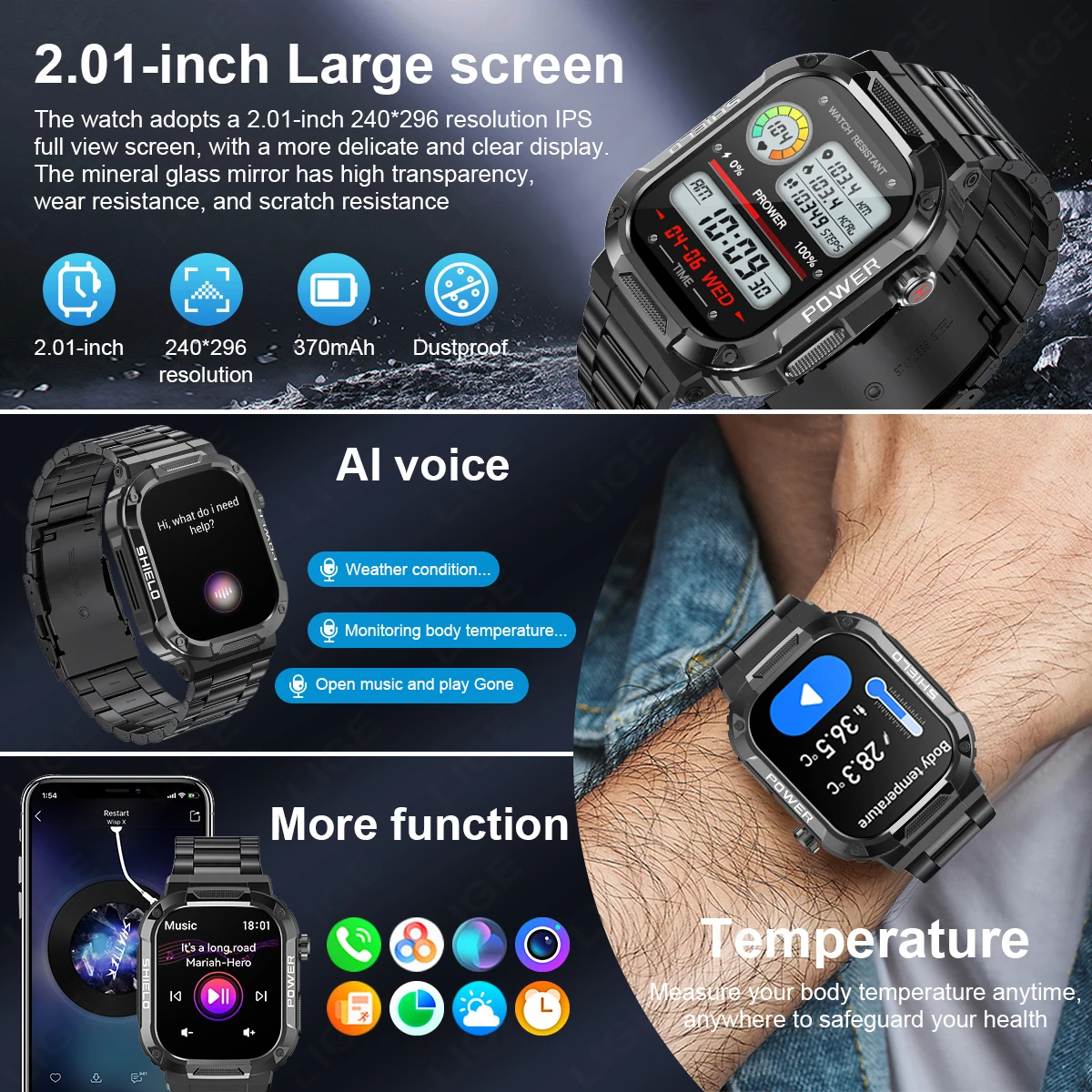 2024 Military Smart Watch Men IP68 Outdoor Sports Fitness Tracker Body Temperature Health Monitor 2.01\