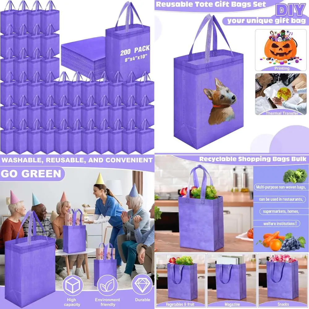 أكياس حمل أرجوانية قابلة لإعادة الاستخدام مكونة من 200 قطعة، مقاس 8 × 4 × 10 بوصة، أكياس تسوق غير منسوجة بمقابض، مثالية لتسوق البقالة في عيد الميلاد