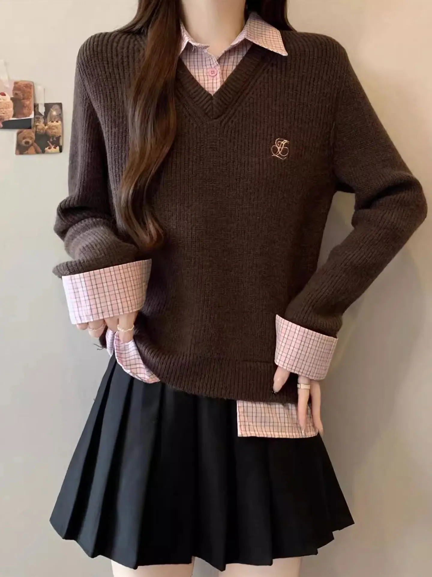 

Long Sve Knitted irt Coffee Color Korean Sle Design Sense Fake Two-Piece Large Size Beautiful MM Autumn Winter Top