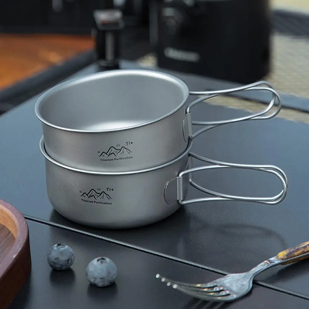 Titanium Bowls Ultralight Titanium Dinner Bowl Pan Foldable Handles Camping Tableware Outdoor Camping Traveling Supplies