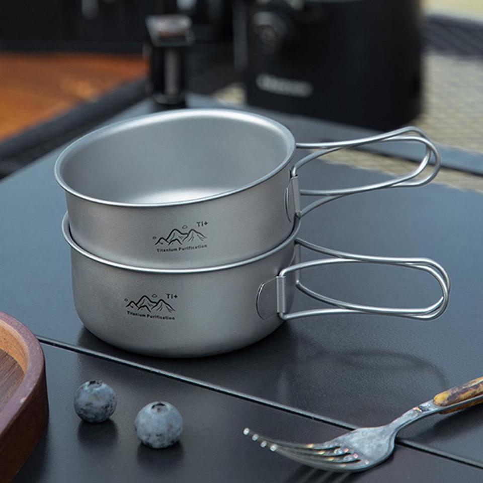  Titanium Bowls Ultralight Titanium Dinner Bowl Pan Foldable Handles Camping Tableware Outdoor Camping Traveling Supplies 