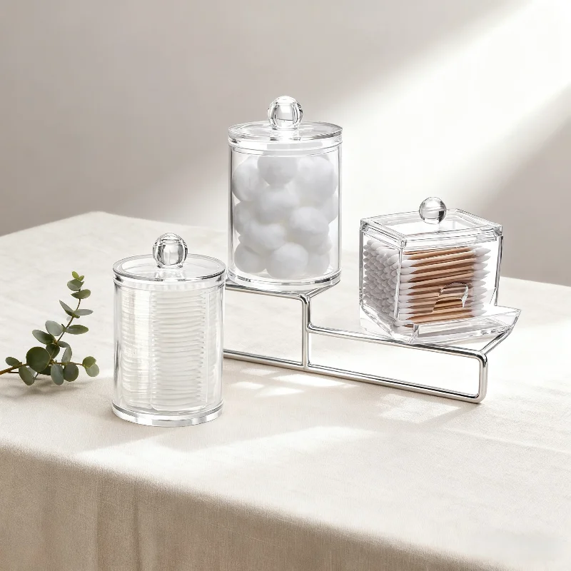 3 Pack Clear Acrylic Qtip Holder Apothecary Jars, Cotton Swab Pad Dispenser Bathroom Vanity Organizer for Makeup Brushes