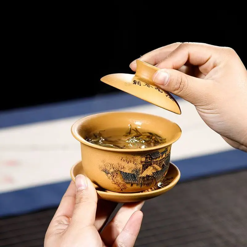 Yixing Hand-Painted Boccaro Cup, Segment Mud Tea Drinking Cup, Jiangnan Spring Kung Fu Tea Set, Handmade Gaiwan Retro, Landscape