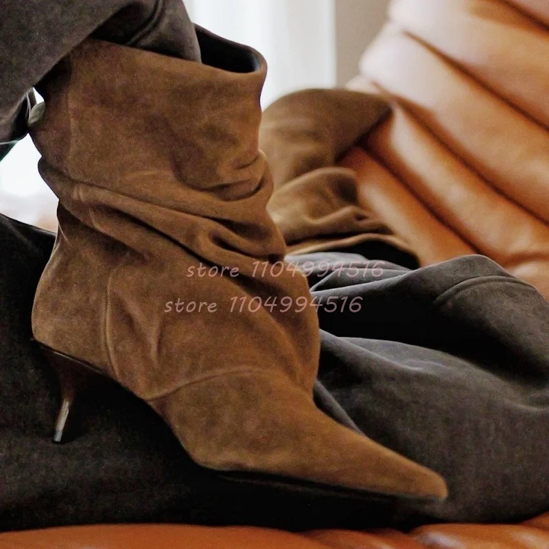

Brown Suede Pleated Pointed Kitten Heel Ankle Boots Women Retro Slip On Stiletto Short Boots Fashion Trendy Autumn Winter Shoes