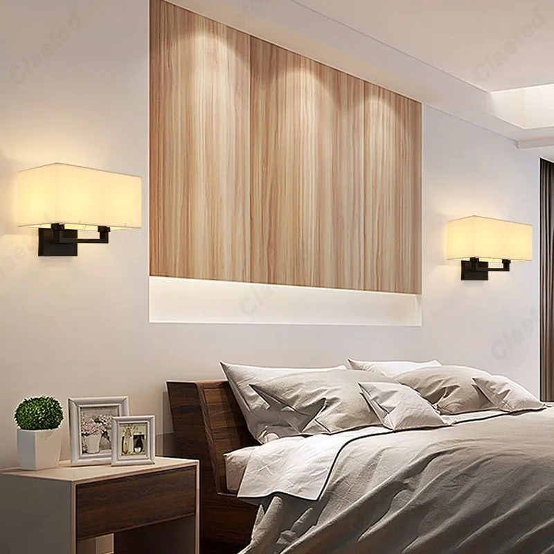 Simples LED dupla cabeça lâmpada de parede, abajur tecido, quarto, cabeceira, farol, interior, decoração de casa, luminária, E27