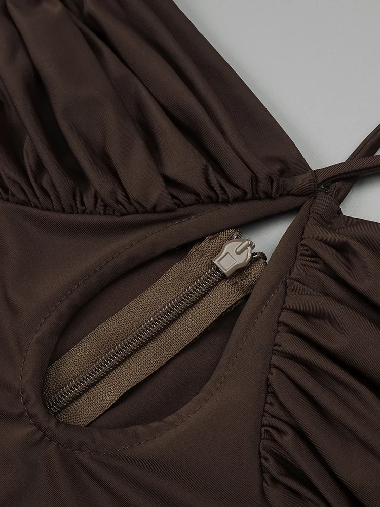 PB Abito lungo sexy con ritaglio marrone – Abito da sera elegante senza schienale Temperamento da donna Slim Night Club Cocktail Party Nuovi abiti