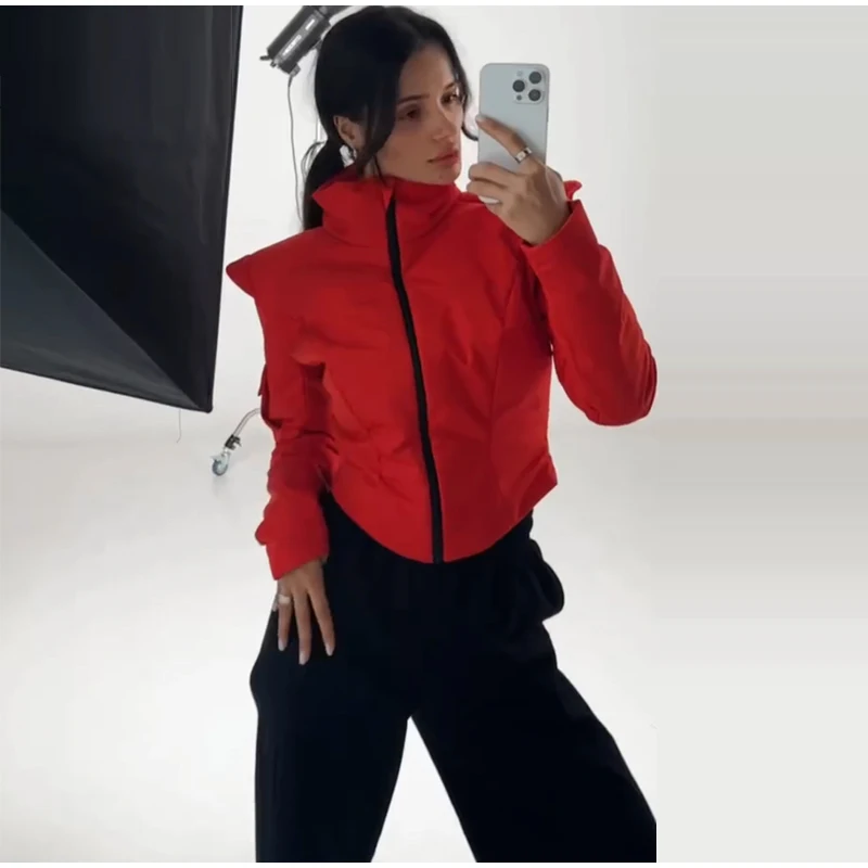 Women's Winter Coat Short Padded Coats Stand Collar Cinched Waist Pad Shoulder Zipper Jacket Street Warm Outerwear For Ladies