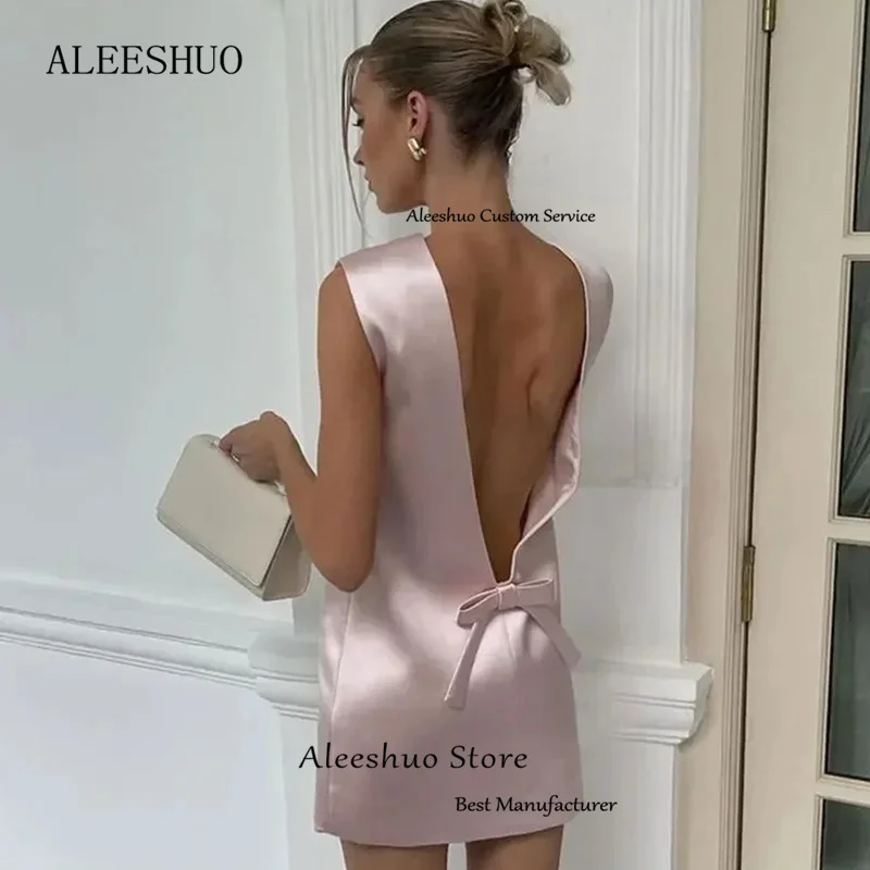 Aleeshuo Vintage Baby Pink Mini Prom Dresses Sexy Deep V Backless With Bow Evening Party Dresses O-Neck Sleeveless Prom Gown2024