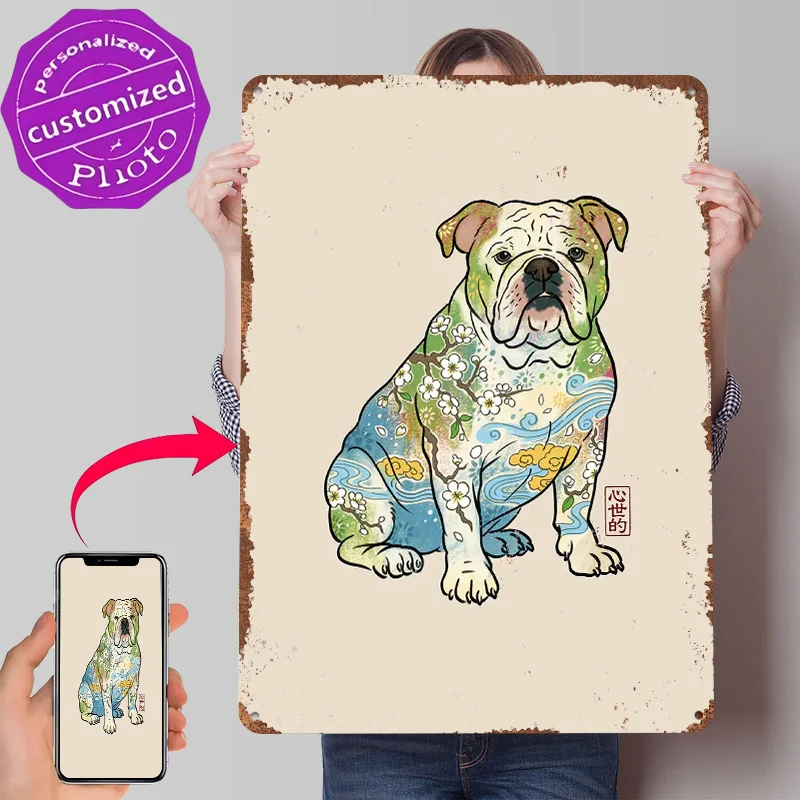 Bulldog Cherry Blossom Poster Customized Vintage Metal Signs Wall Art Retro Tin Plaque for House Wand Deko Interior Accessories