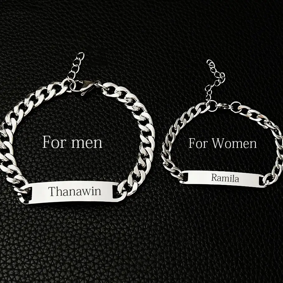 GUILING Customized Engrave Name Couple Lovers Tag Pendant Bracelet Set Cuban Bold Chains Stainless Steel Gift Jewelry Valentine