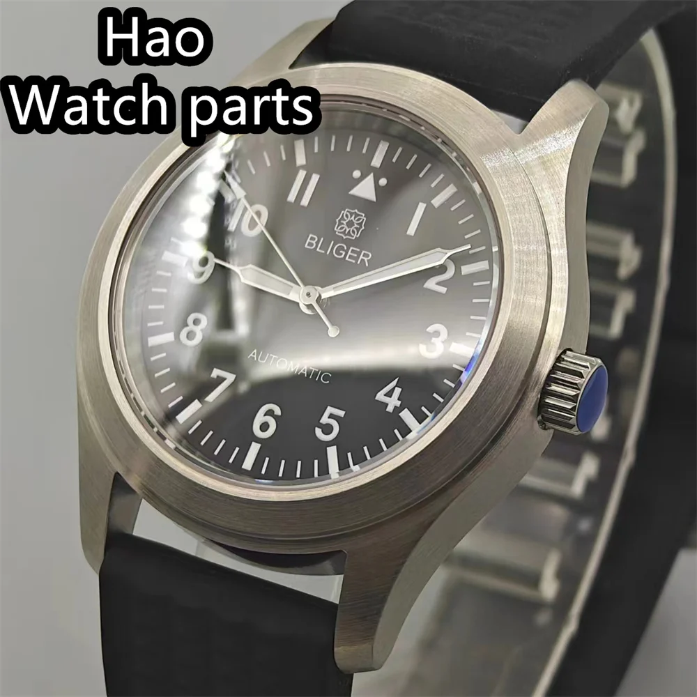 BLIGER 36 مللي متر/39 مللي متر الطيار ساعة ميكانيكية للرجال قبة الياقوت الزجاج الأخضر مضيئة NH35A الحركة التلقائية شريط مطاطي