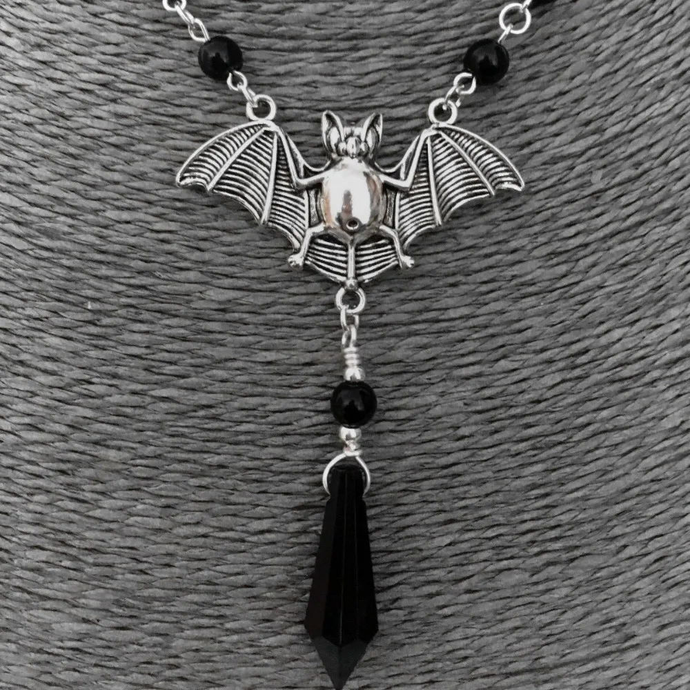 Gothic Witch Bat Pendant Necklace Black Crystal Teardrop Beads Chain for Women Men Unisex Dark Magic Halloween Punk Jewelry Gift