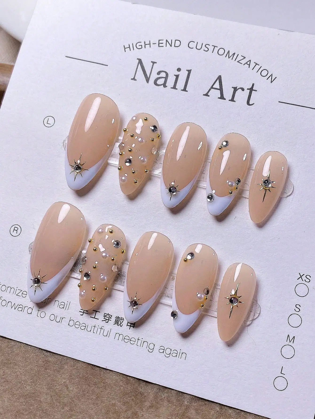 10 قطع من المسامير النقية المصنوعة يدويًا على شكل لوز مع أطراف فرنسية بيضاء، خرز فولاذي لؤلؤي، ص ذهبي على شكل نجمة ثلاثية الأبعاد #2