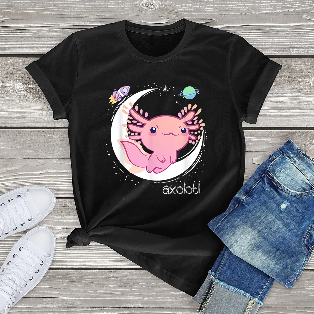 

FLC 100% Cotton Space Axolotl Kawaii Shirt Pastel Goth Japan Anime Comic Cute Clothing Gift Women Oversized T-Shirt Printed Top