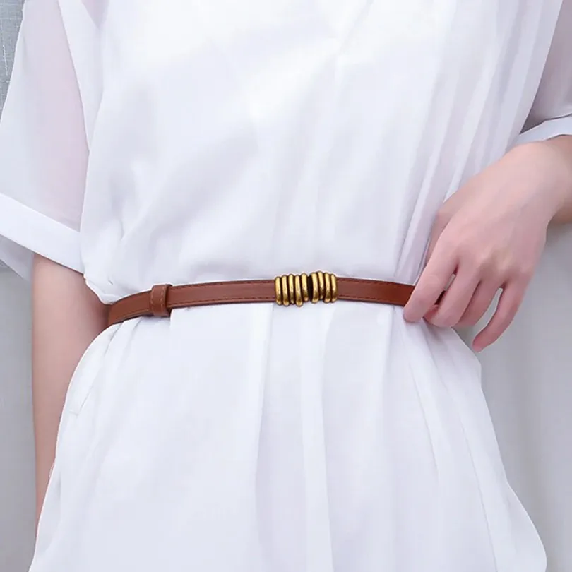 

Thin Retro Gold Buckle Adjustable Belts for Women PU Leather Fashion Wild Skinny Waistband Dresses Jeans Pants Decorative Belt