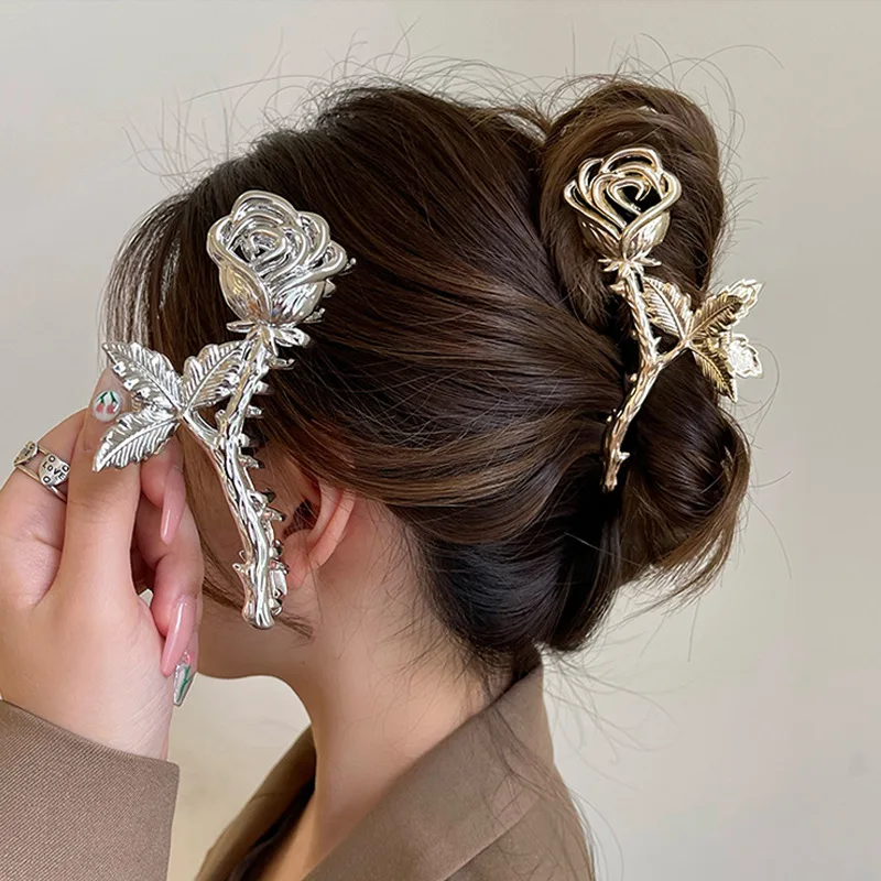 Ruoshui-Pinzas para el pelo con forma de hoja Floral para mujer, pasadores grandes de Metal rosa, garra para el pelo, cangrejo, pinzas para el pelo