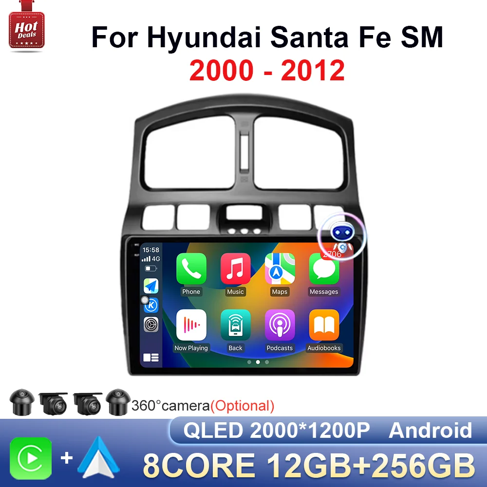 

DSP стерео BT Android 14 4G для Hyundai Santa Fe SM 2000 - 2012 IPS экран зеркальная ссылка автомобильная аудиосистема мультимедийный плеер WiFi GPS Navi