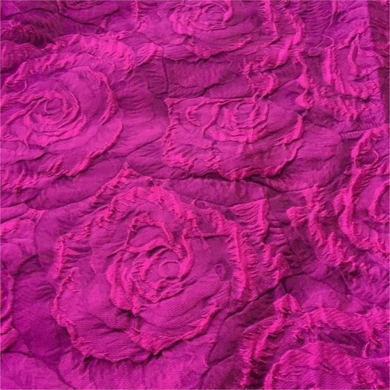 Rose red large flower jacquard fabric with a textured color woven for women's dress
