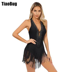 Womens Tassel Latin Dance Leotard Rhinestone Deep V Neck Backless Fringed Bodysuit Stage Performance Costume