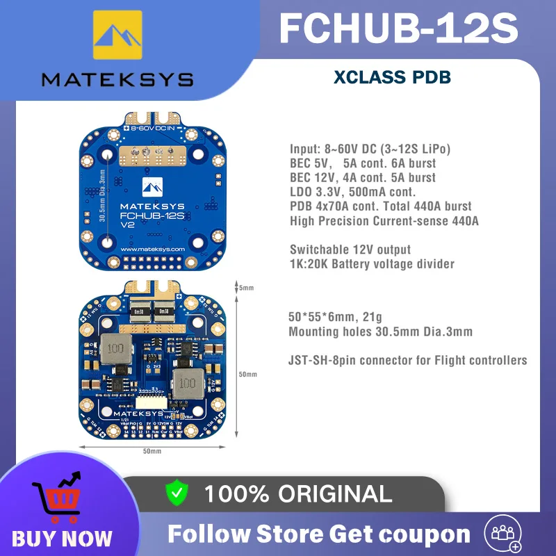 

Matek System XCLASS FCHUB-12S PDB Плата 5 В и 12 В с датчиком тока 3-12S Lipo для RC Drone FPV Quadcopter Multicopter