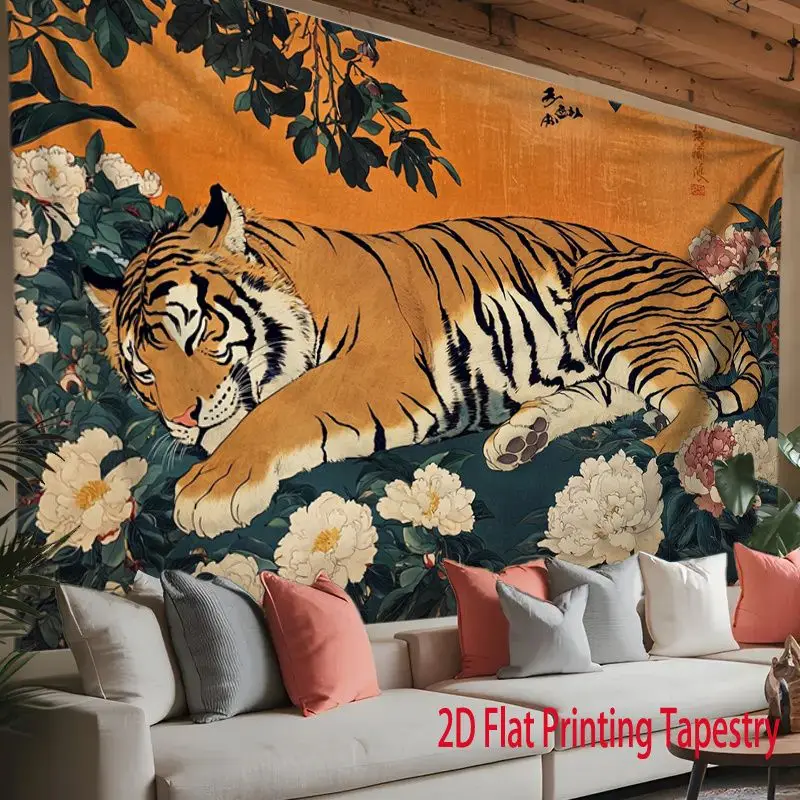 VIKAMA Japanese Tiger Peony Tapestry Orange Vintage Ukiyo-e Animal Wall Hanging Asian Art Living Room Bedroom Wall Decor