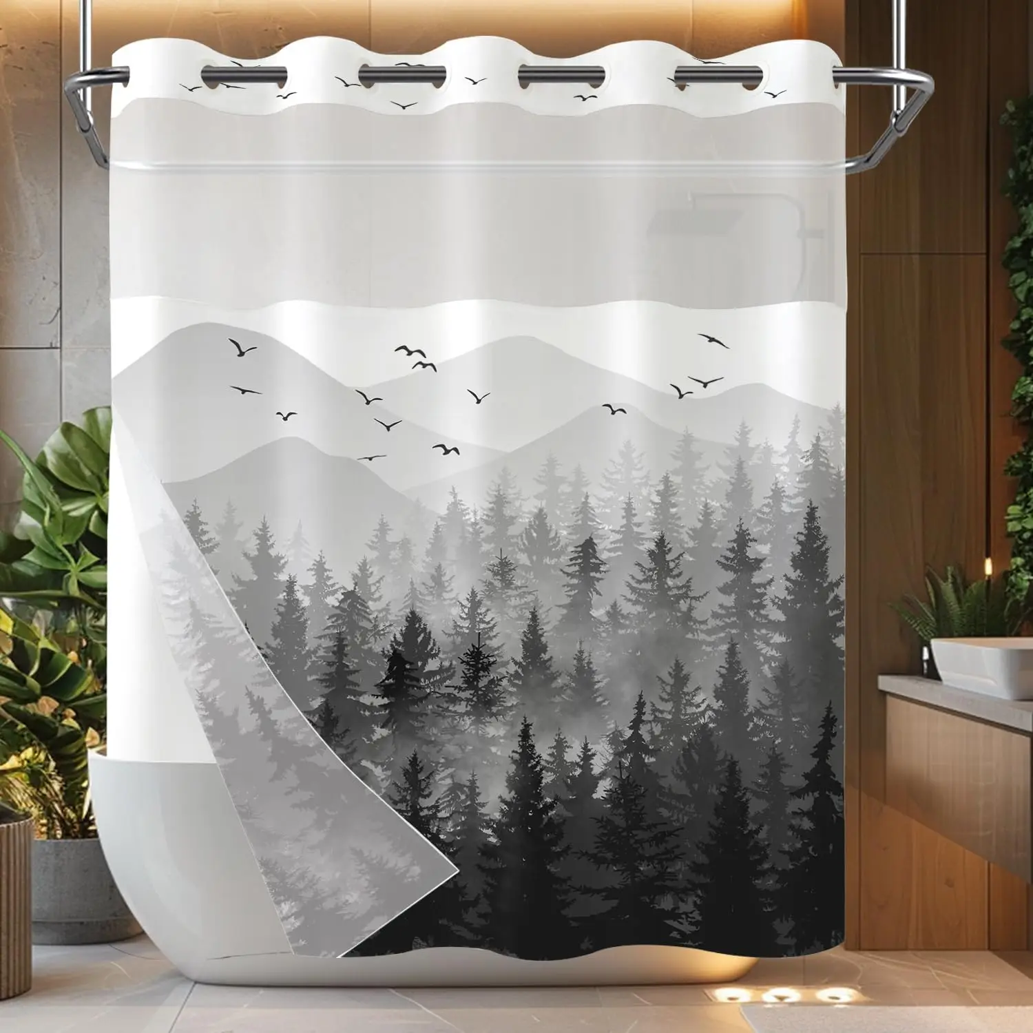 

Mountain Forest Shower Curtain Black White Landscape Art Trees Birds Foggy Scene Bathroom Decor Waterproof Fabric Minimalist