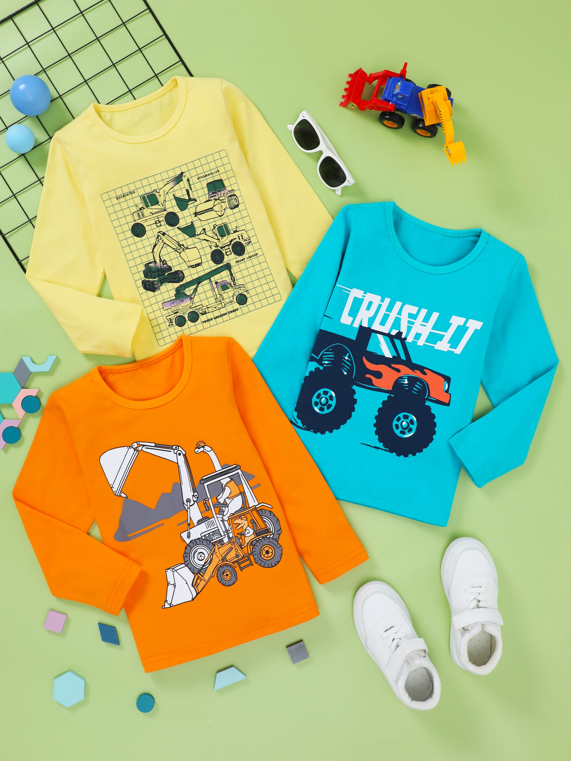 Lot de 3 t-shirts à manches longues pour garçon – Col rond, imprimés de véhicules de construction et chaleur d'hiver