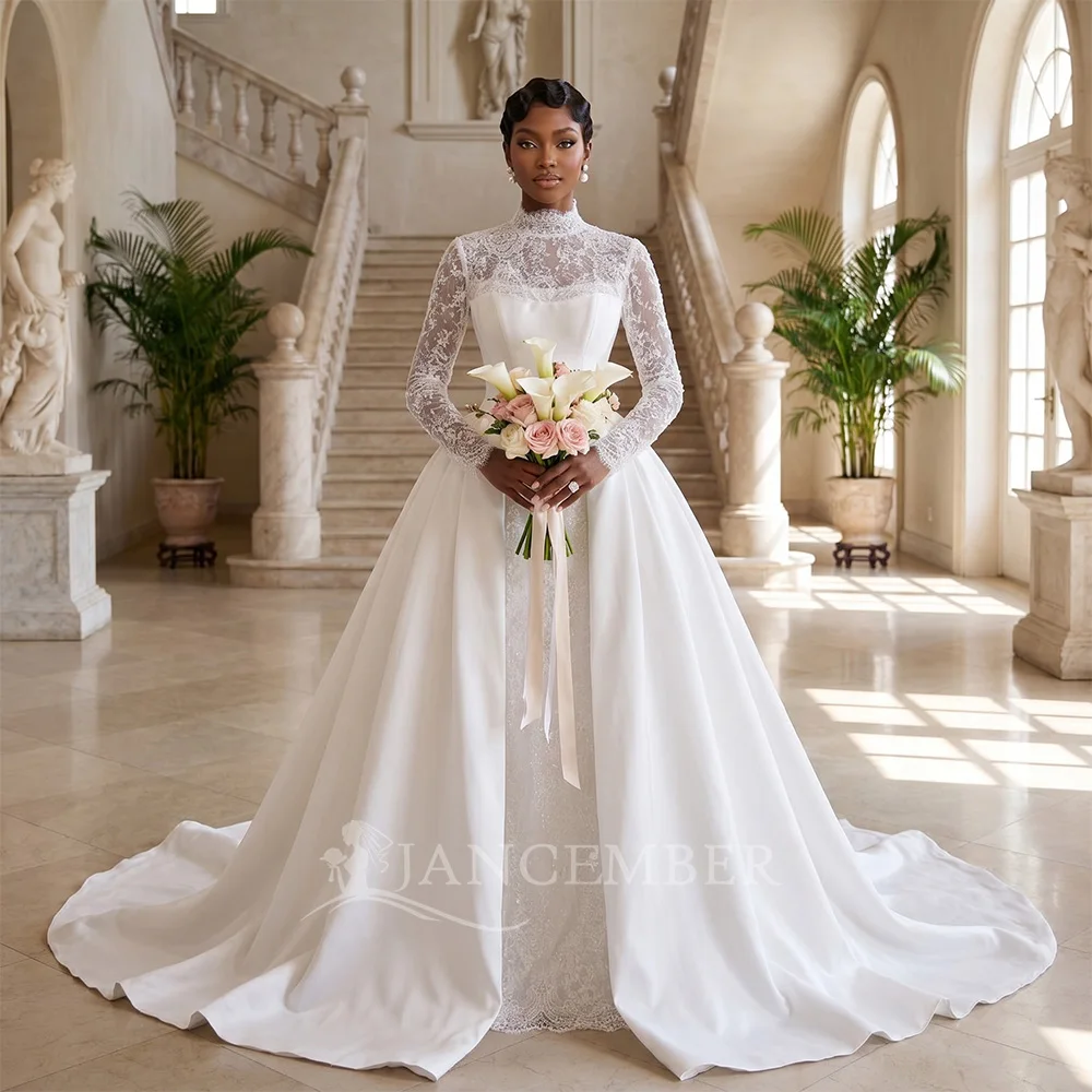 

Customized Elegant Illusion Long Sleeves Wedding Dress For Women Lace Glitter Tulle Bridal Gown O Neck A-line Robe De Mariée