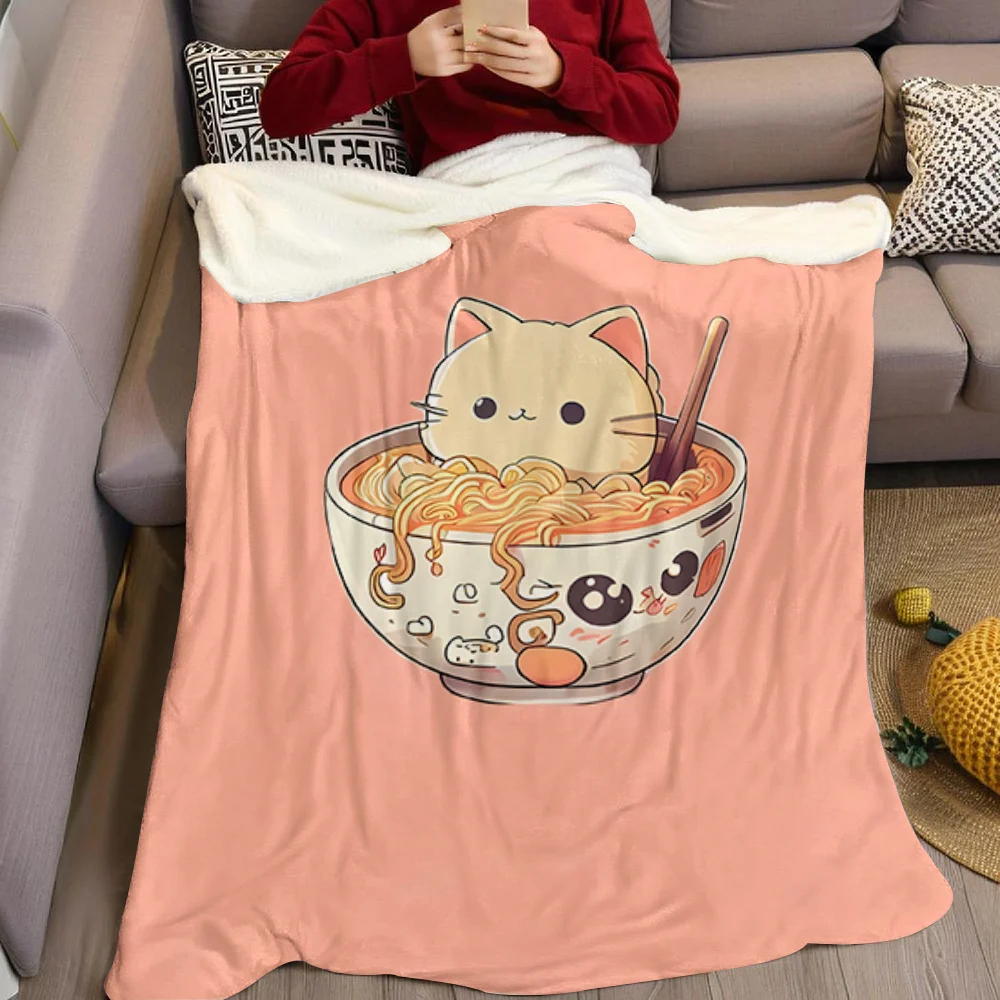 Kawaii Cat Ramen Sushi Flannel Blanket Warm Soft Halloween Christmas All-Season Couch Decorative Cozy Warm Gift