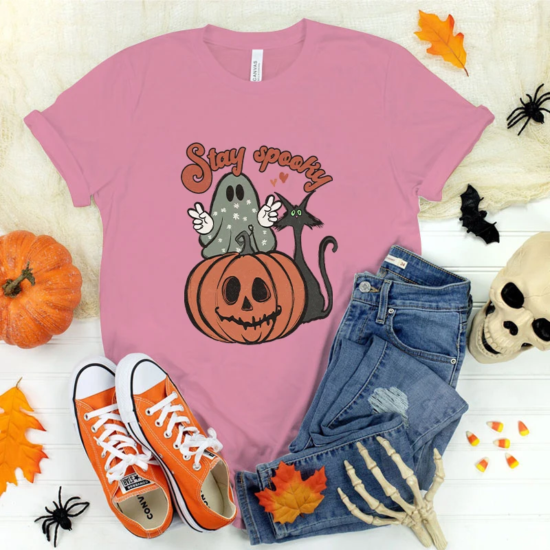 (Premium T-shirt)New Halloween Boo Pumpkin Stay Spooky Printing T Shirts Fashion Short Sleeve T Shirt Summer Casual Loose Tops