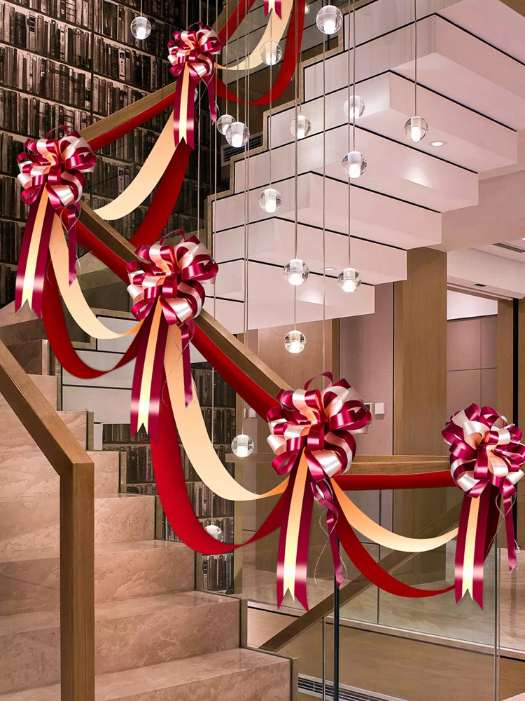 Wedding staircase handrail decoration with floral gauze curtain set