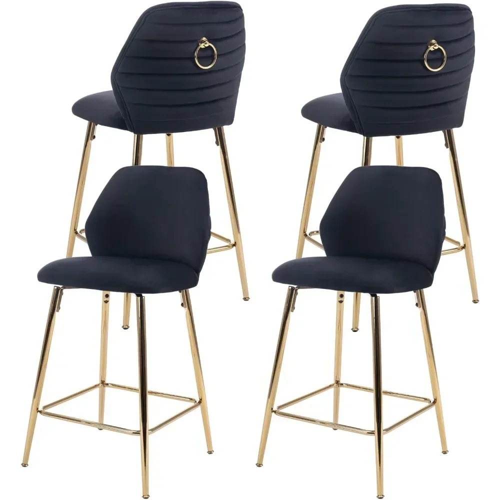 26” Bar Stool, Set of 4, Velvet Seat Cushion with Back and Foot Upholstery with Ring Pulls, for Kitchen Island, Dining Chair