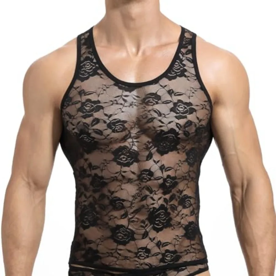 

Men Lace Shirt See Through Tank Top Sleeveless Fishnet Sheer Underwear Sissy Lingerie for Crossdressers