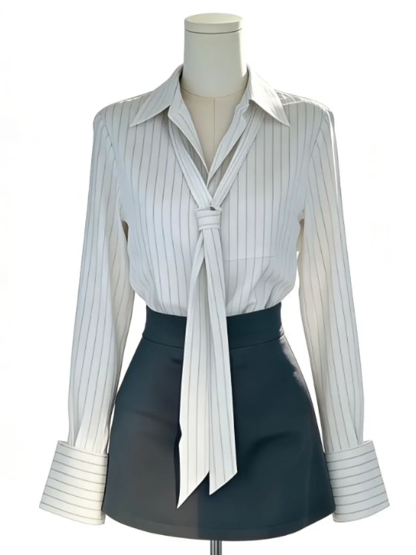 

Elegant Unique Striped Sash Shirt Skirt Set Women's Meat Concealing Large Size Matching Whole Set Commute Style High Waist