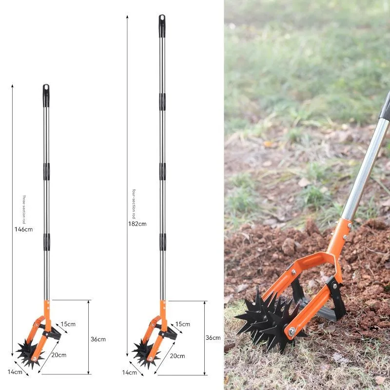 Rotary Cultivator Garden Tool Adjustable Long Handle Hand Tiller with Star-Shaped Rolling Tines 2-in-1 Weeder & Soil Aerator