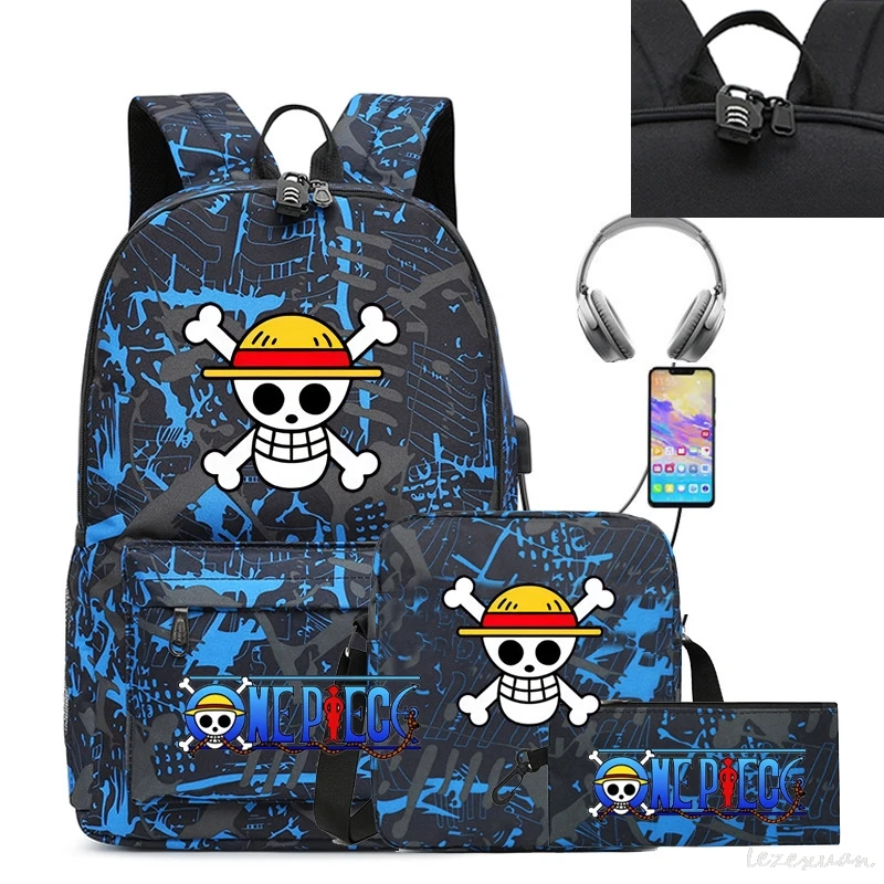 3PC-SET One Piece Luffy Schoolbag Recharged Backpack Student One Piece Backpack Boys Girls Anime Cartoon School Bag Mochila