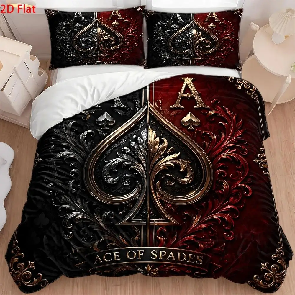 3Pc Light Luxury Style Black and Red Ace of Spades Printed Duvet Cover Set, 1*Duvet Cover + 2*Pillowcases, Bedding Set of Three, Skin-Friendly Breathable Polyester Woven Bedding, Invisible Zipper Closure, Anti-Wrinkle, Machine Washable, Soft and Comfortable, Suitable for All Seasons, Double Bedding Set, Modern Minimalist Bedroom Decor Bedspread Set, Easy to Clean and Durable, Suitable for Home Master Bedroom, Guest Room, Student Dormitory, Large Double Bed Cover, Nordic Style Quilted Duvet Cover Set 2D