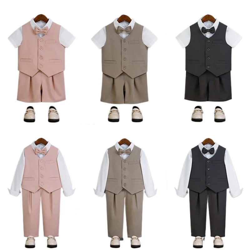 

Children Spring And Summer Vest Suit Boy Piano Host Performance Birthday Photography Costume Kids Waistcoat Pants Bowtie Outfit