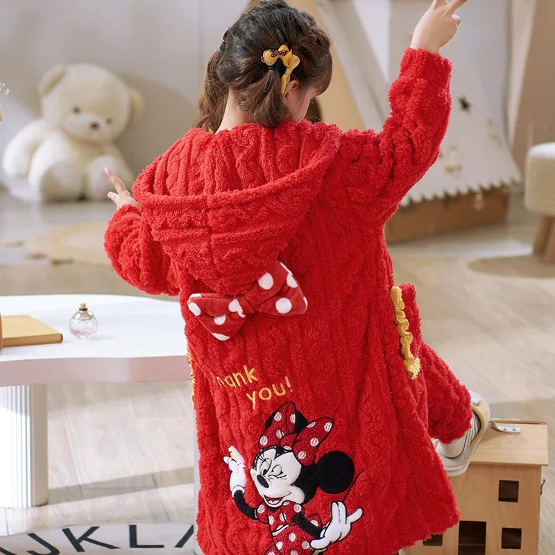 

Детский фланелевой пижамный комплект с Микки Маусом, кавайный утепленный модный красный теплый ночной халат с капюшоном, студенческая домашняя одежда