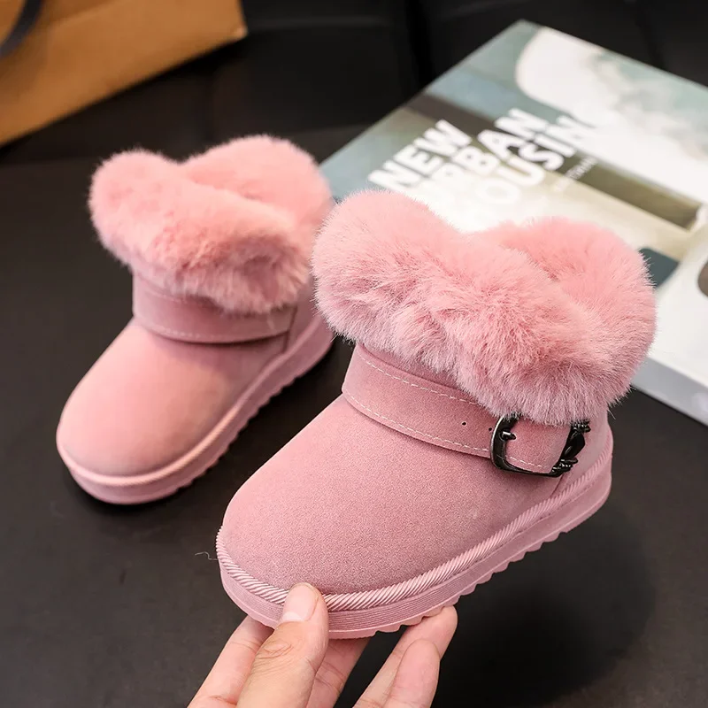 Kids Plush Snow Boots New 2024 Winter Baby Soft Warm Cotton Shoes Boys Girls Buckle Belt Fur Suede Boots Princess Ankle Boots