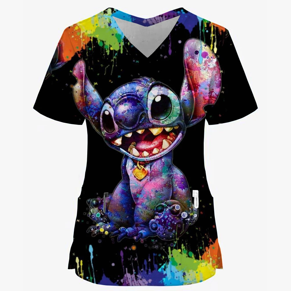 Women's Christmas short sleeved V-neck Disney Stitch printed top, laboratory nursing and health work clothes T-shirt with pocket