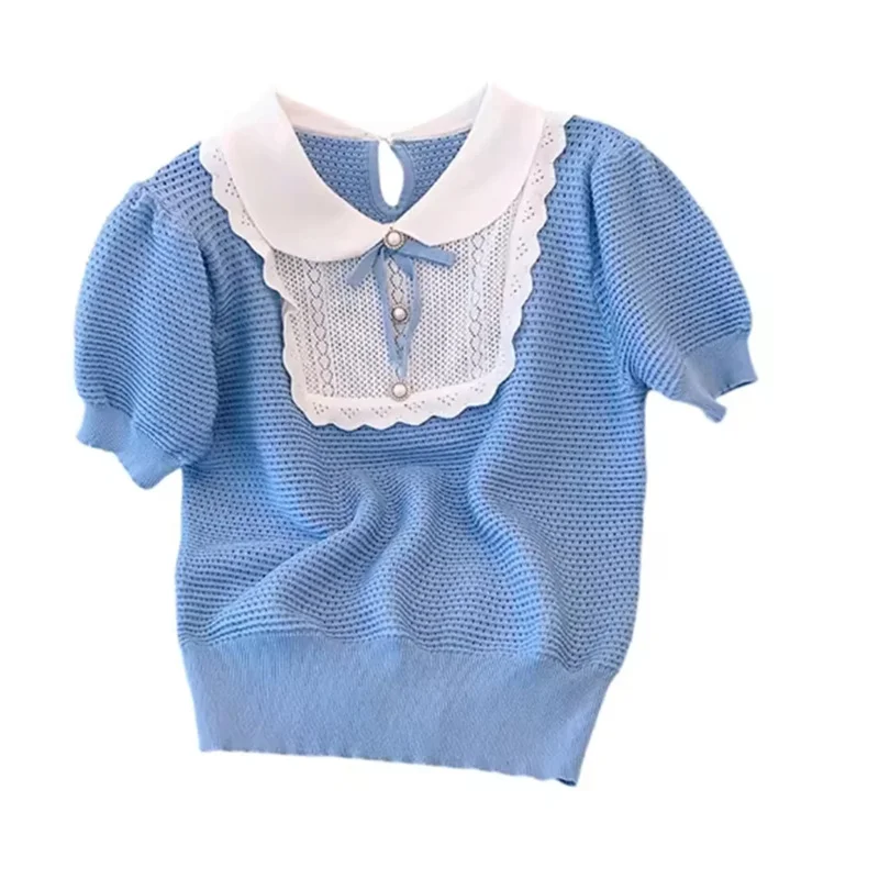 Estate vintage dolce fiocco colletto alla Peter Pan pullover maglieria top magliette maglione francese a maniche corte da donna maglietta in maglia scavata