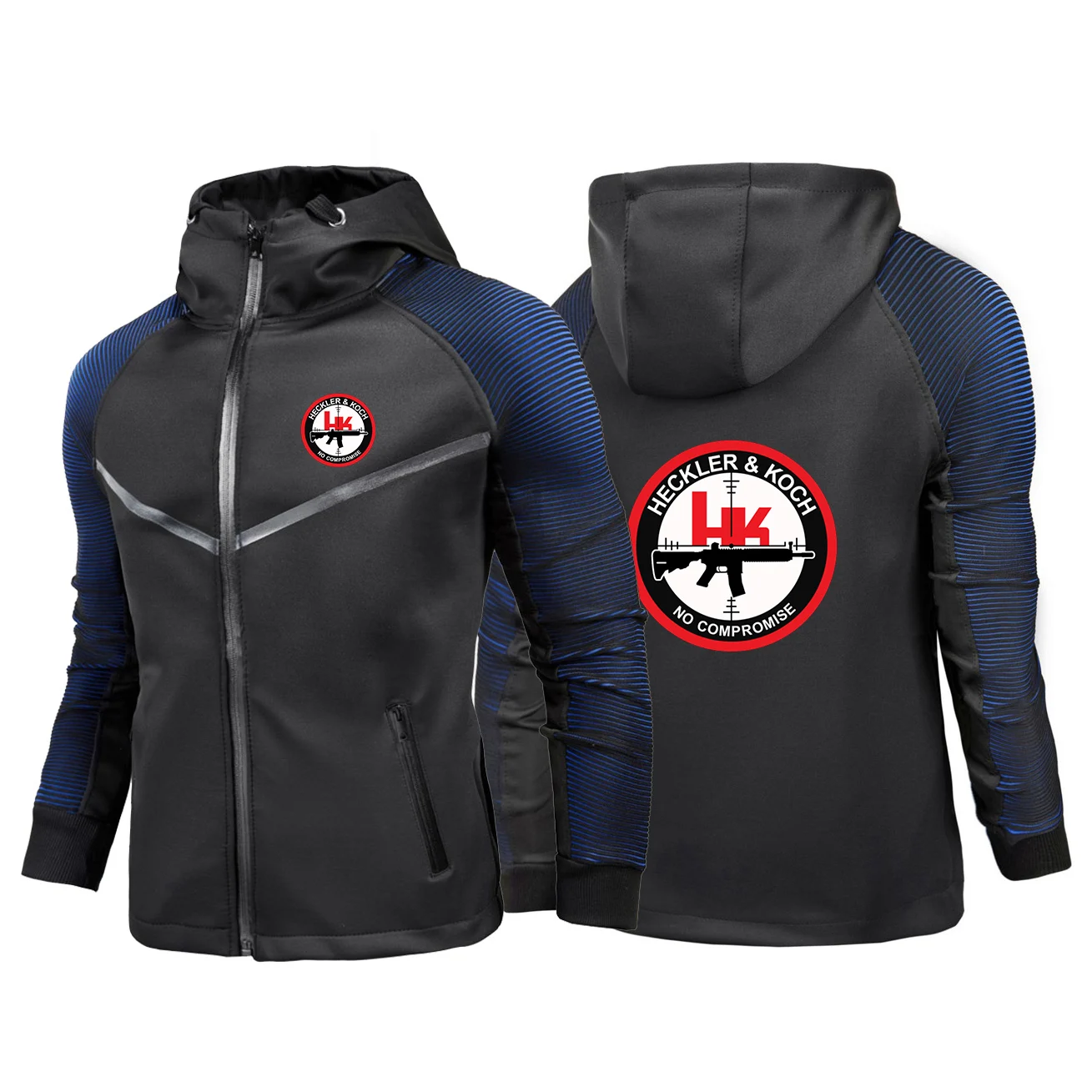 2025 primavera e outono hk heckler koch sem compromisso impressão terno de corrida masculino casual zíper respirável jaqueta com capuz
