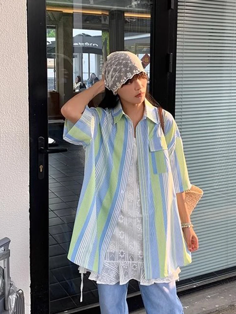 Koreanische Lose Gestreiften Hemd Frauen Casual Vintage Oversize Halbe Hülse Bluse Sommer Adrette Weibliche Retro Süße Tops