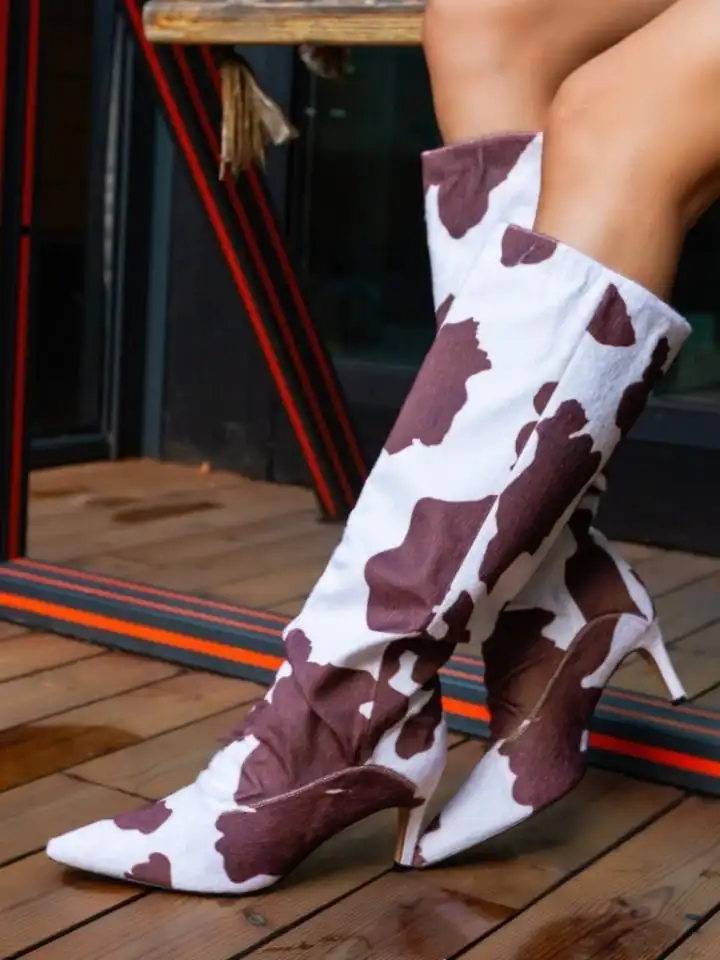 2026 WomenCow Print Imitation Horse Hair Western Boots Retro Pointed Thin Heel Knee High Knight Boots Street 44 Long Boot