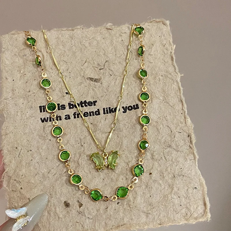 

Sweet Emerald Green Dripping Oil Double-Layer Butterfly Necklaces For Women Fresh Green Rhinestone Necklace Girls Jewelry Gifts