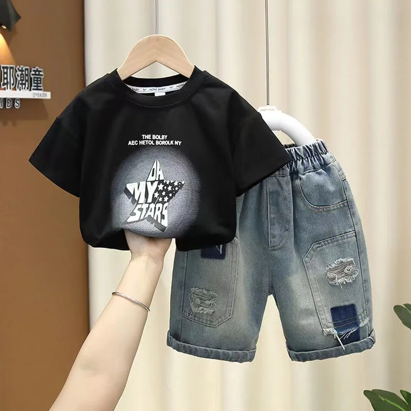 Korean Kids Set New Summer Short Sleeve Pullover Shirt +Jeans Pants 2pcs Outfits Baby Boys Sport Clothes Girls Boutique Clothing