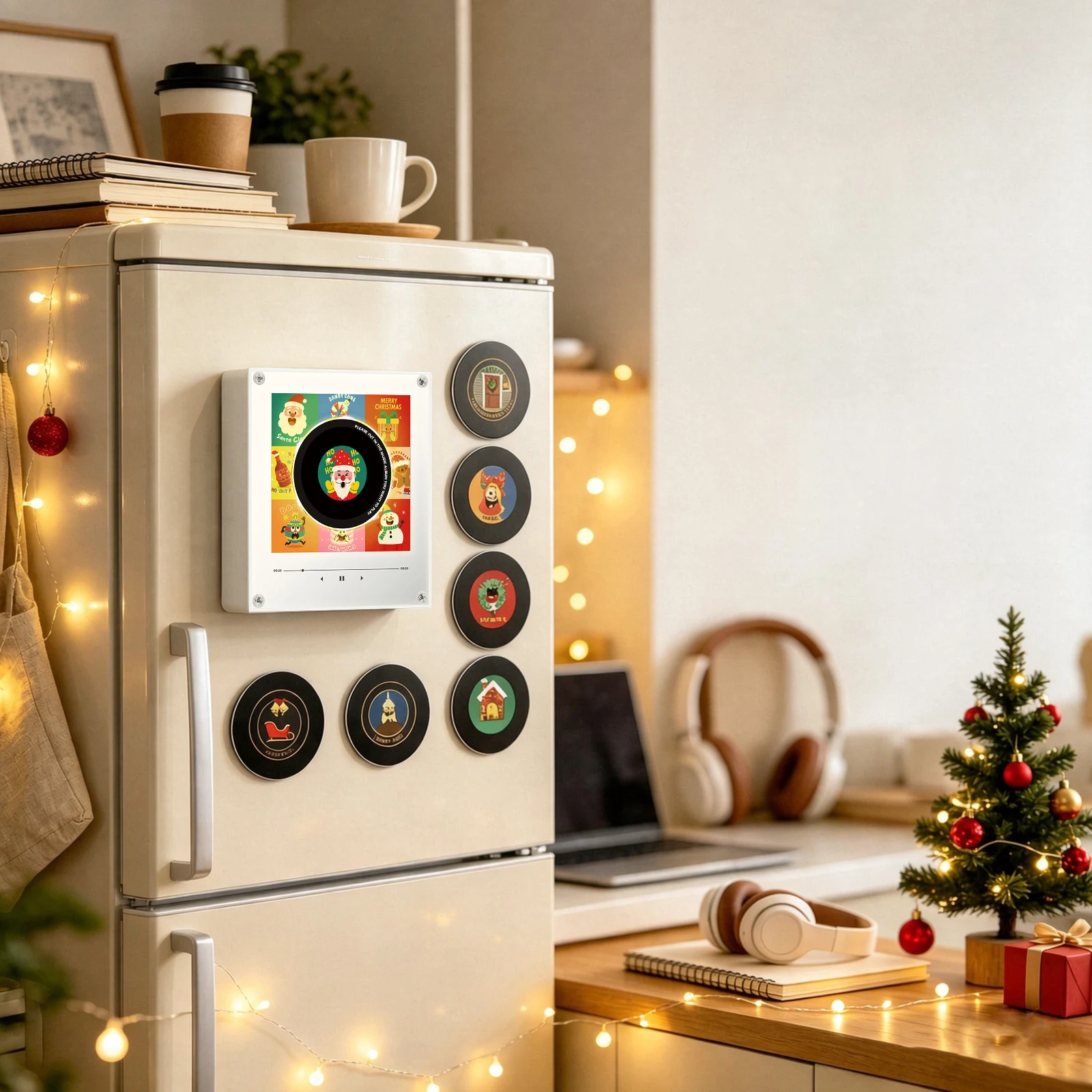 Mini Turntable Music Box Fridge Magnet NFC LED Night Light Acrylic Vinyl Decor Type-C Charge